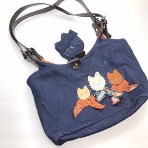 Denim Felt Cat Theme Shoulder Bag w/Coin Pouch